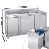 Spülschrank mit Abfallbehälter - 1600x600mm - 2 Becken Rechts - mit Aufkantung & Schiebetüren