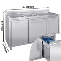 Spülschrank mit Abfallbehälter - 1800x600mm - 2 Becken Links - mit Aufkantung & Schiebetüren