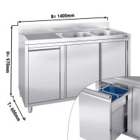 Spülschrank mit Abfallbehälter - 1400x600mm - 2 Becken Rechts - mit Aufkantung & Schiebetüren