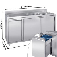 Spülschrank mit Abfallbehälter - 1800x600mm - 2 Becken Rechts - mit Aufkantung & Schiebetüren