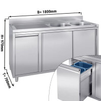 Spülschrank mit Abfallbehälter - 1800x700mm - 2 Becken Rechts - mit Aufkantung & Schiebetüren