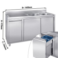 Spülschrank mit Abfallbehälter - 1600x700mm - 2 Becken Rechts - mit Aufkantung & Schiebetüren