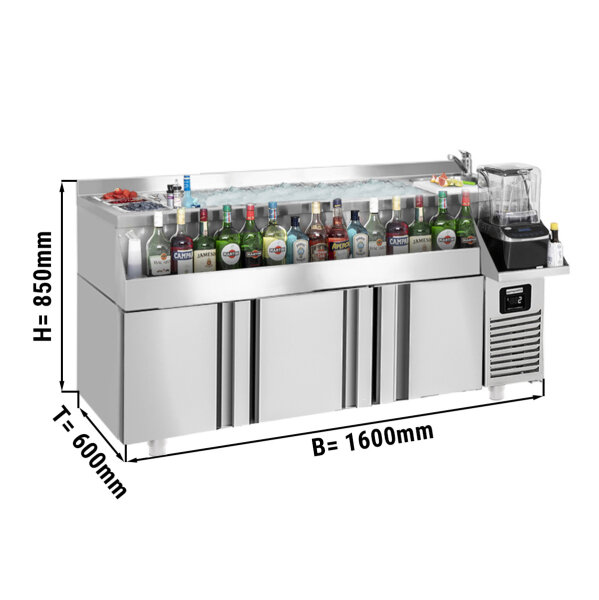 Bar-/ Getränkekühltisch - 1,6 x 0,6 m - 235 Liter - mit 3 Türen & Ablagen
