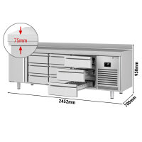 Kühltisch PREMIUM PLUS - 2452x700mm - 1 Tür & 9 Schubladen - mit Aufkantung