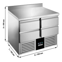 Saladette / Kühltisch PREMIUM - 0,9 x 0,7 m - mit 4 Schubladen 1/2 & Aufkantung