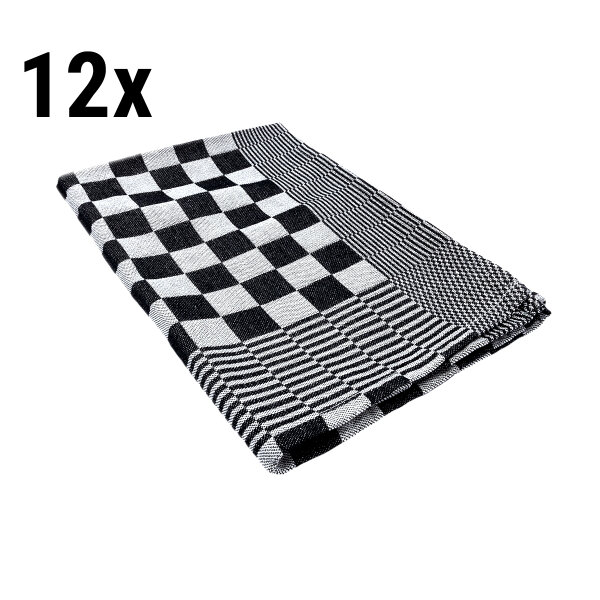 (12 Stück) Abwaschtuch aus Baumwolle - 65 x 65 cm - Schwarz / Weiß kariert