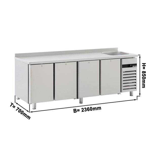 Kühltisch - 2,36 x 0,7 m - mit 4 Türen, 1 Becken rechte Seite & Aufkantung - 540 Liter