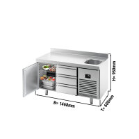 Kühltisch PREMIUM PLUS - 1468x600mm - 1 Becken, 1 Tür & 3 Schubladen - mit Aufkantung