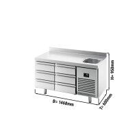 Kühltisch PREMIUM PLUS - 1468x600mm - 1 Becken & 6 Schubladen - mit Aufkantung
