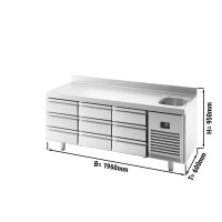 Kühltisch PREMIUM PLUS - 1960x600mm - 1 Becken & 9 Schubladen - mit Aufkantung