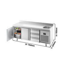 Kühltisch PREMIUM PLUS - 1960x600mm - 1 Becken, 2 Türen & 3 Schubladen - mit Aufkantung