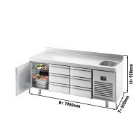 Kühltisch PREMIUM PLUS - 1960x600mm - 1 Becken, 1 Tür & 6 Schubladen - mit Aufkantung
