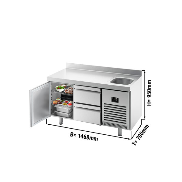 Kühltisch PREMIUM PLUS - 1468x700mm - 1 Becken, 1 Tür & 2 Schubladen - mit Aufkantung
