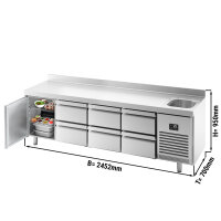 Kühltisch PREMIUM PLUS - 2452x700mm - 1 Becken, 3 Türen & 2 Schubladen - mit Aufkantung