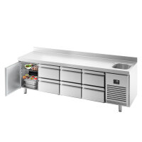 Kühltisch PREMIUM PLUS - 2452x700mm - 1 Becken, 1 Tür & 6 Schubladen - mit Aufkantung