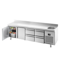 Kühltisch PREMIUM PLUS - 2452x700mm - 1 Becken, 2 Türen & 4 Schubladen - mit Aufkantung