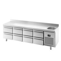 Kühltisch PREMIUM PLUS - 2452x700mm - 1 Becken & 8 Schubladen - mit Aufkantung