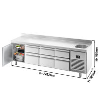 Kühltisch PREMIUM PLUS - 2452x700mm - 1 Becken, 3 Türen & 3 Schubladen - mit Aufkantung