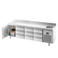 Kühltisch PREMIUM PLUS - 2452x700mm - 1 Becken, 1 Tür & 9 Schubladen - mit Aufkantung