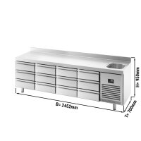 Kühltisch PREMIUM PLUS - 2452x700mm - 1 Becken & 12 Schubladen - mit Aufkantung