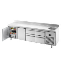 Kühltisch PREMIUM PLUS - 2452x700mm - 1 Becken, 2 Türen & 4 Schubladen - mit Aufkantung