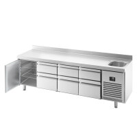 Kühltisch - mit 1 Becken, 1 Tür, 6 Schubladen 2/3 & 1/3 und Aufkantung